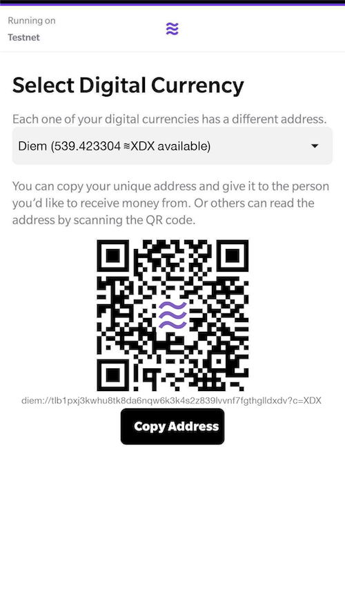 Figure 1.1 Choose currency and share QR code of address