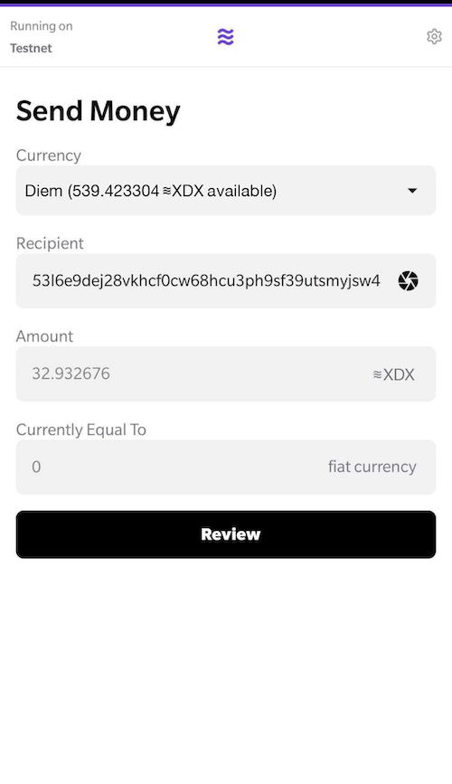 Figure 1.0 Send Diem Coins using the Local Mobile Wallet